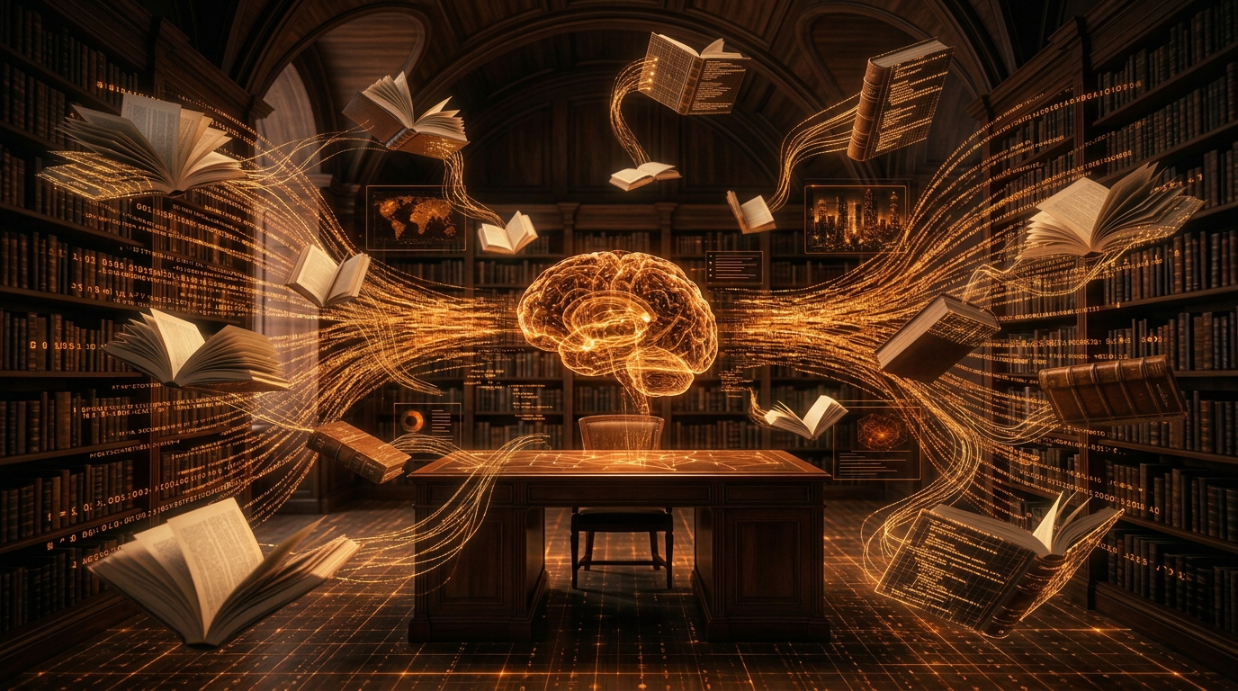 Ein leuchtendes Gehirn in einer alten Bibliothek, umgeben von aufgeschlagenen Büchern und goldenen Datenströmen.